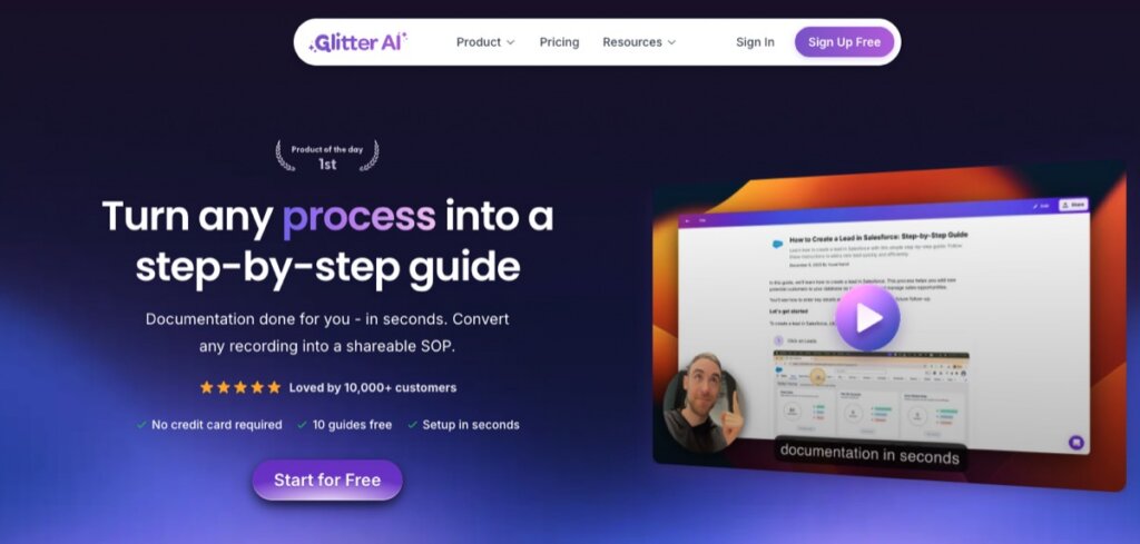 Glitter AI homepage showing its screen recording to step-by-step SOP guide workflow