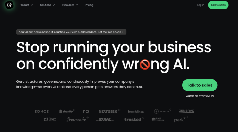 Guru showing AI-powered enterprise search and verified knowledge cards used as an intranet layer