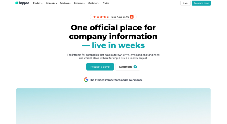 Happeo homepage showing its Google Workspace intranet for keeping company information in one official place