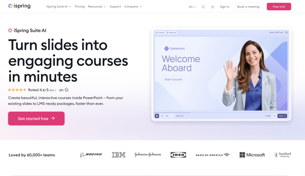 iSpring Suite showing course authoring tools for building onboarding training content