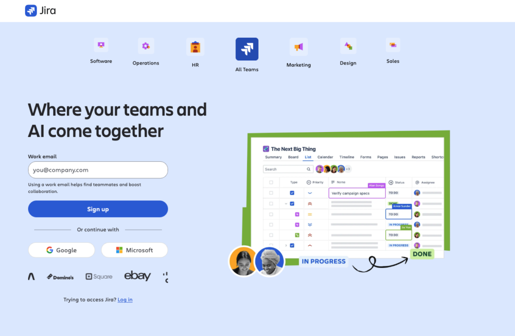 Jira Software showing a development workflow board with issue tracking and reporting