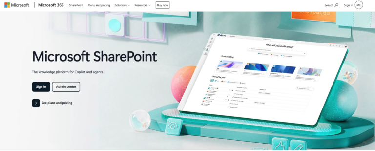 Microsoft SharePoint positioned as the knowledge platform for Copilot and agents, showing site and document library building