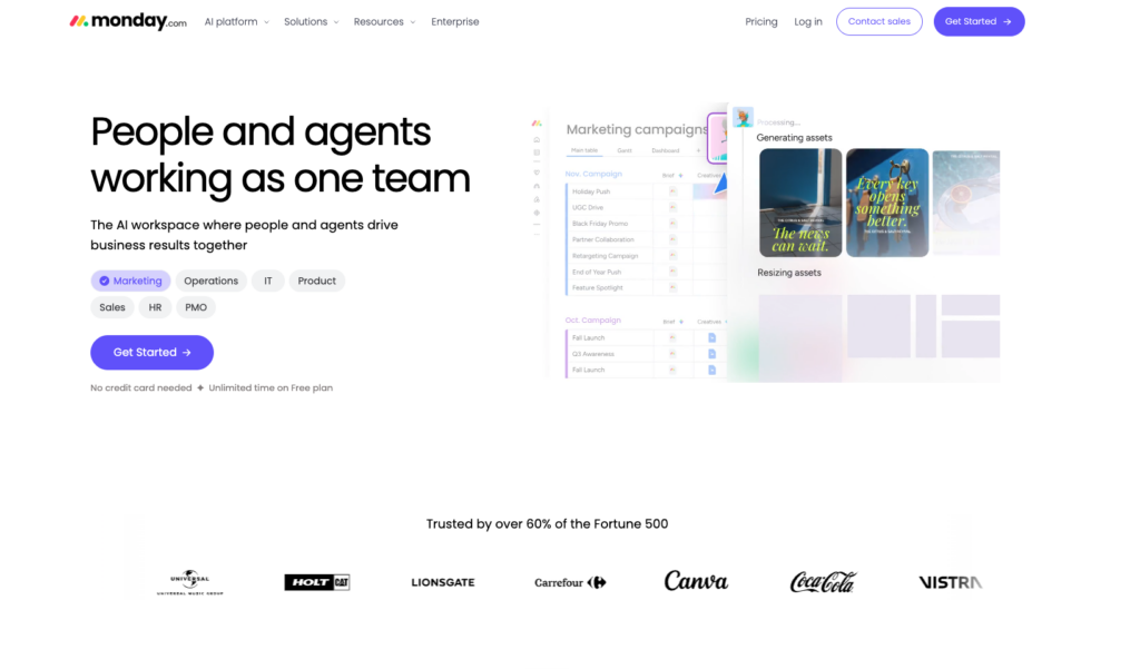 monday.com showing customisable boards and dashboards used as an intranet-style hub