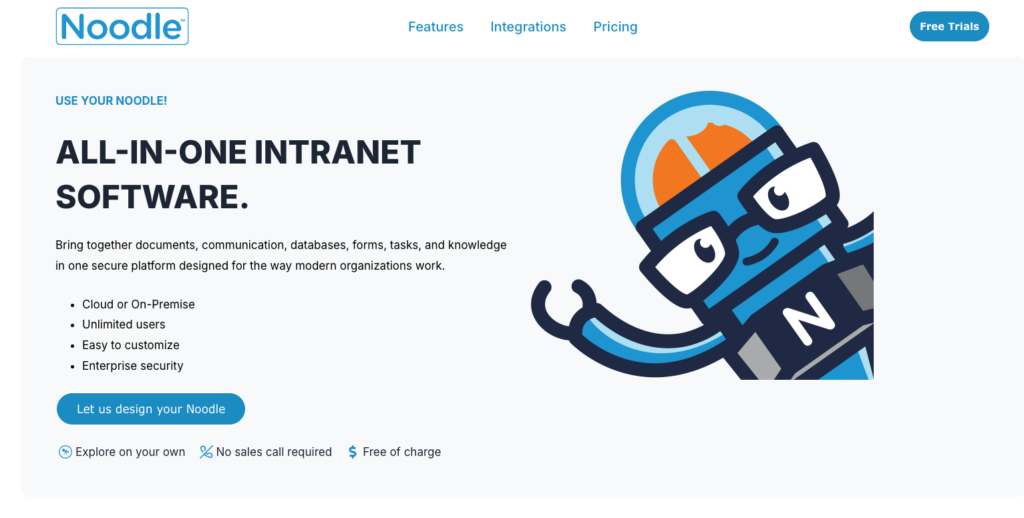 Noodle by Vialect showing its flat-rate intranet with content, scheduling and video calling in one site
