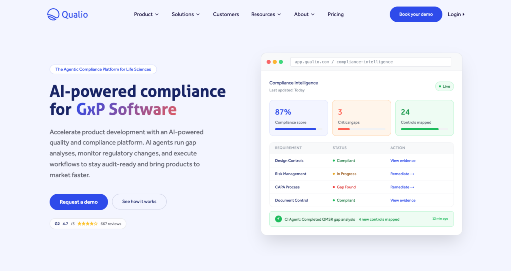 Qualio showing document control and quality workflows for regulated life sciences teams