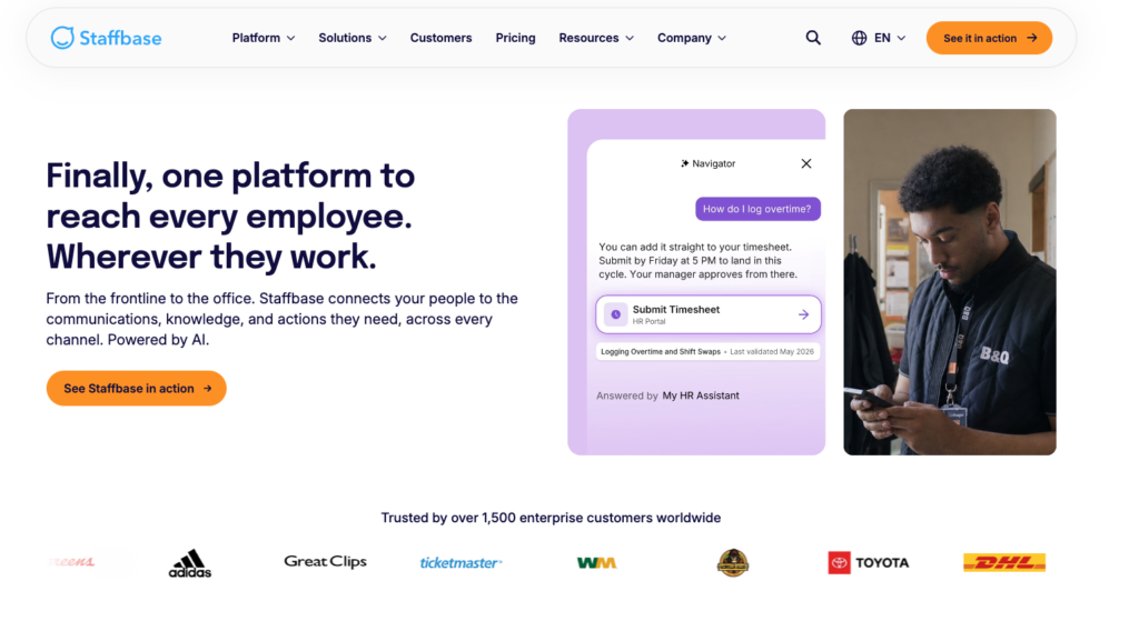 Staffbase showing its employee communications platform for reaching desk-based and frontline workers