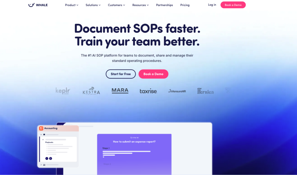 Whale homepage showing the AI SOP platform used to document processes and train new hires