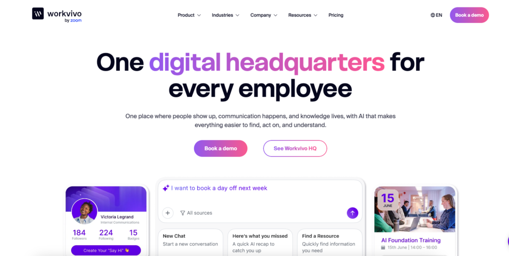 Workvivo by Zoom showing its employee experience feed, recognition and internal comms tools