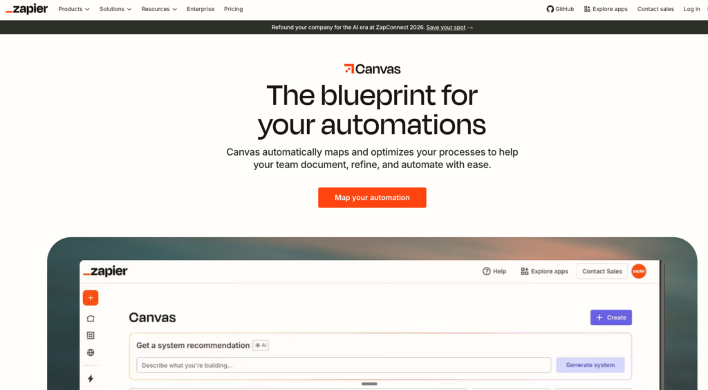 Zapier Canvas showing a visual map of a business process alongside the automations that run it