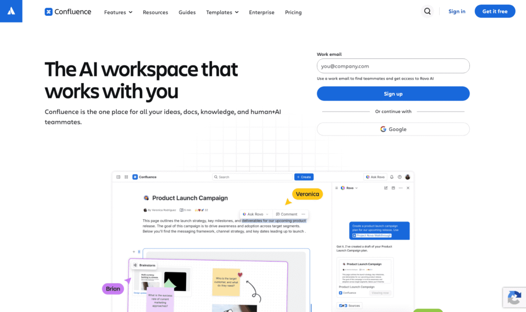 Confluence homepage showing the Atlassian AI workspace and team wiki