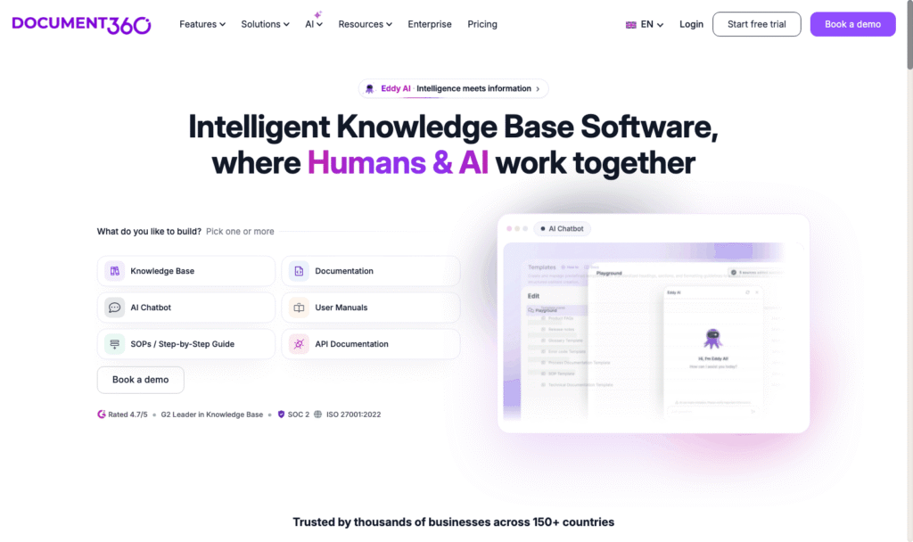 Document360 homepage showing its intelligent knowledge base software