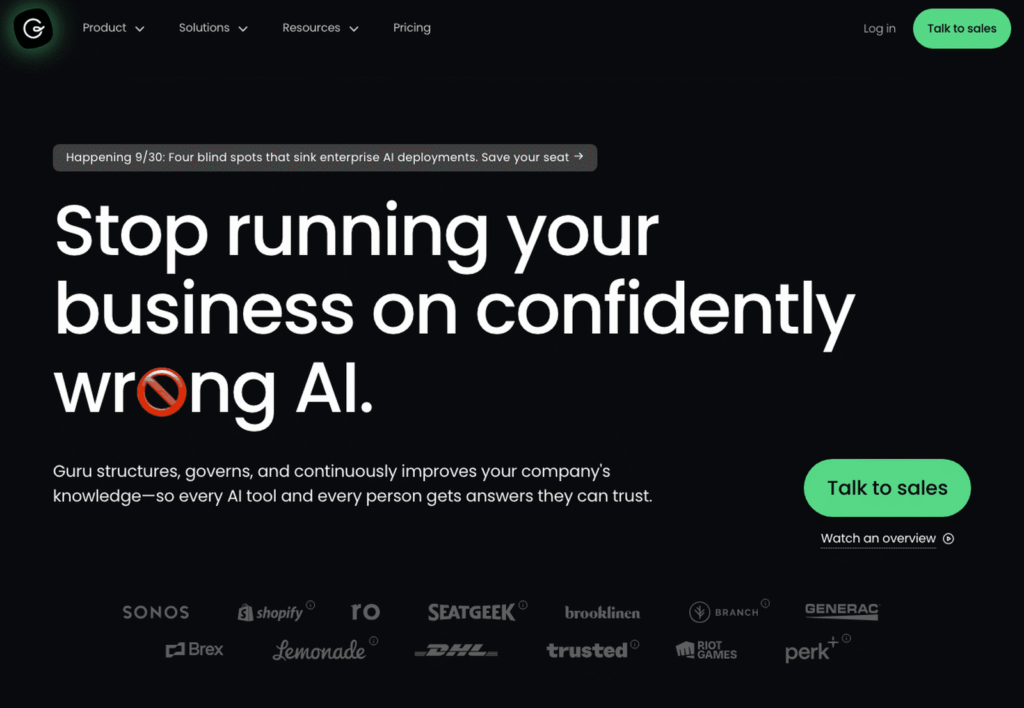 Guru homepage showing its AI knowledge management platform