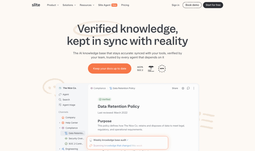 Slite homepage showing its AI knowledge base that keeps docs verified