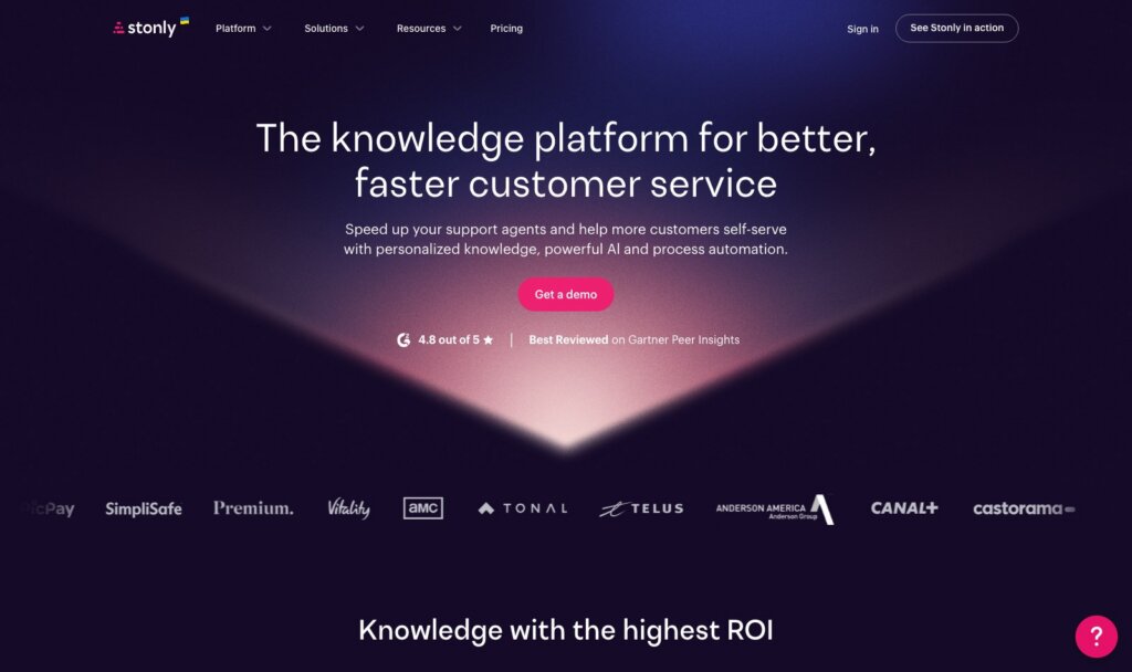 Stonly homepage showing its knowledge platform for customer service teams