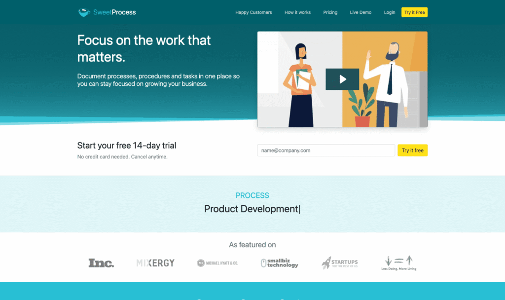 SweetProcess homepage showing its process and procedure documentation tool