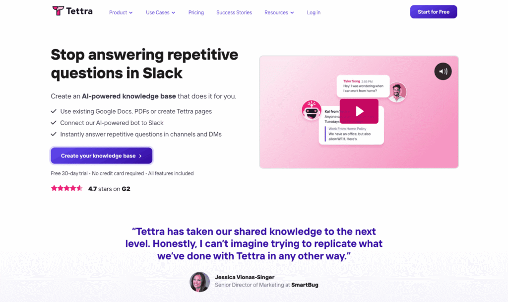 Tettra homepage showing its AI knowledge base that answers questions in Slack