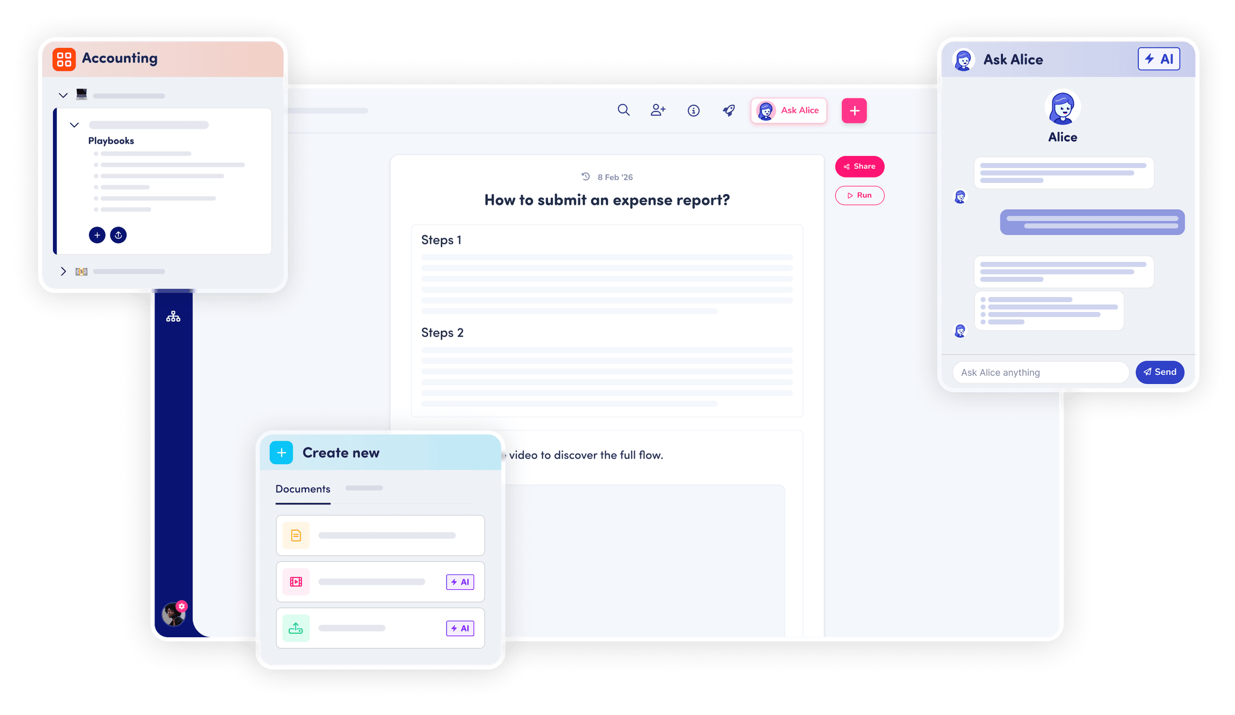 The Whale platform: a playbook library, an SOP with numbered steps, and Ask Alice answering a question