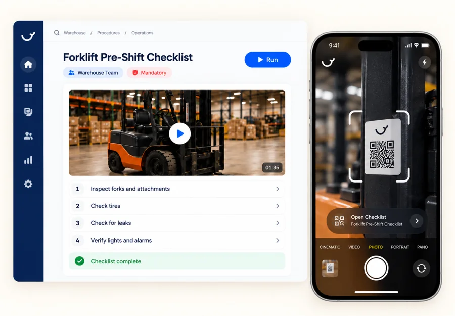 A forklift pre-shift checklist in Whale, opened by scanning a QR code on a phone