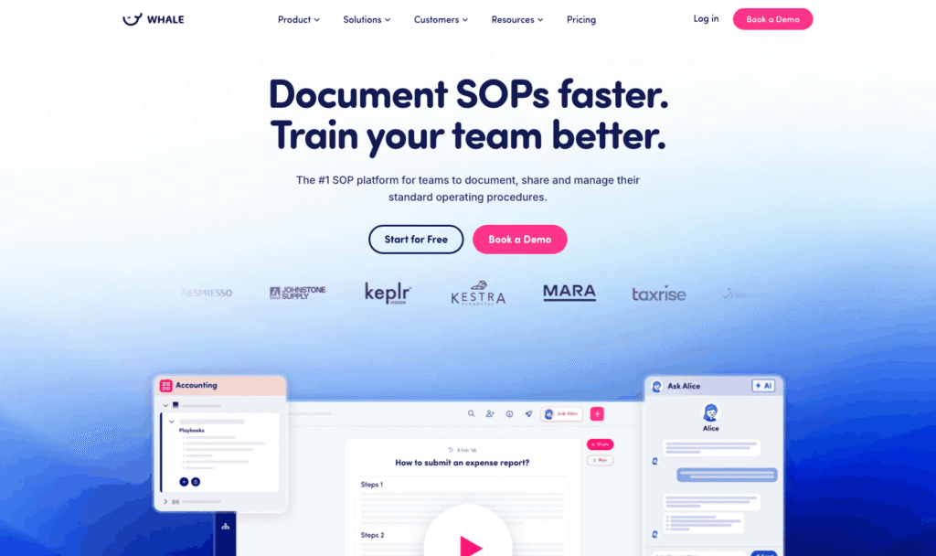 Whale homepage showing the SOP documentation and team training platform
